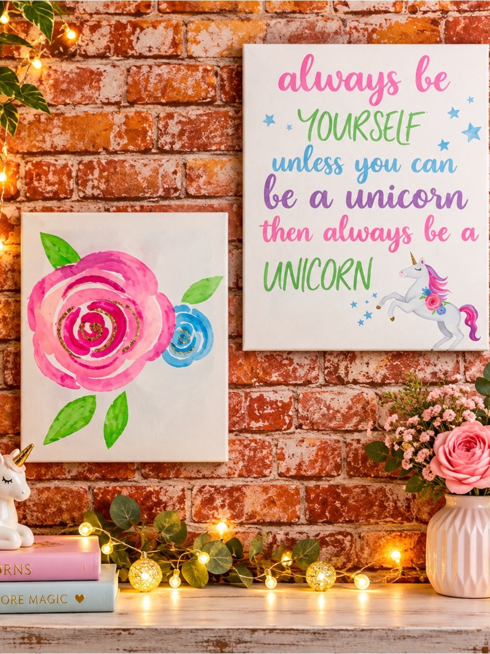 Set of Two Canvas Watercolor Floral  and Unicorn Decorative Wall Prints